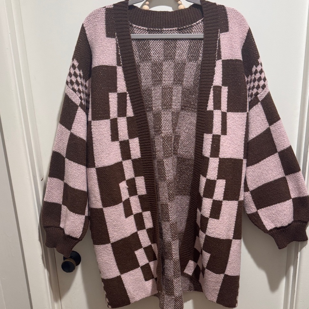 SHEIN Pink and Brown Checkered Cardigan